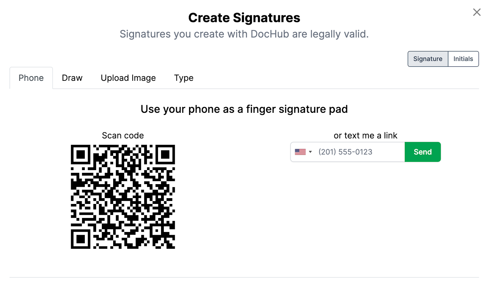 DocHub Signatures tool with the phone QR code showing.