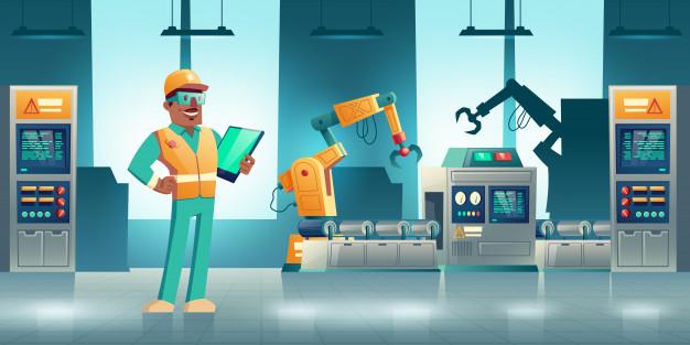 Concepto de dibujos animados de producción industrial robotizada. manos  robóticas trabajando en una moderna fábrica o transportador de plantas. |  Vector Gratis