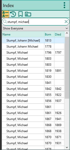 Starting with Johann Michael Stumpf, Johann [Michael] Stumpf, then a partial list of Michaels with birthdates from 1796 to 1878.
