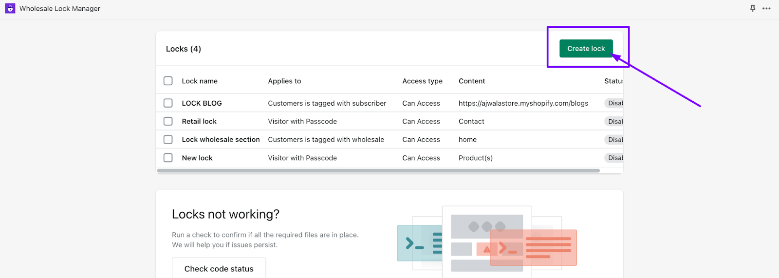 Wholesale Lock Manager dashboard - Create lock