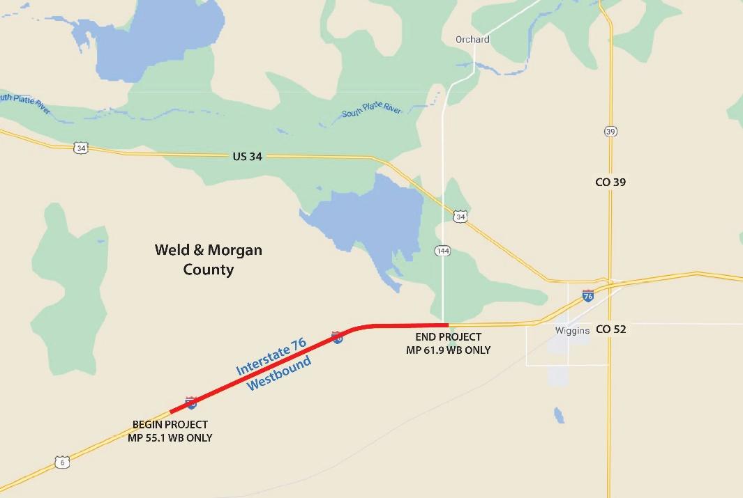 Project map showing affected area along Interstate 76 (Mile Point 55.1 to 61.9) near the town of Wiggins
