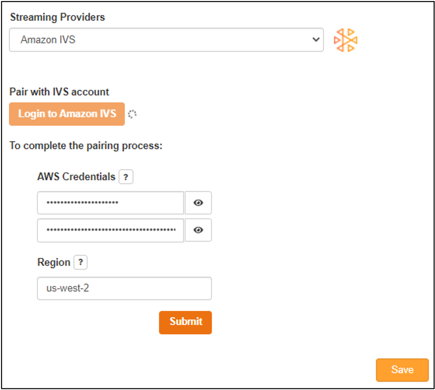 Screenshot of the login process for the Amazon IVS integration in the EdgeCaster Web UI