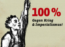 Junge Frau, Zeichnung von Käthe Kollwitz. Text: »100% gegen Krieg & Imperialismus!«.