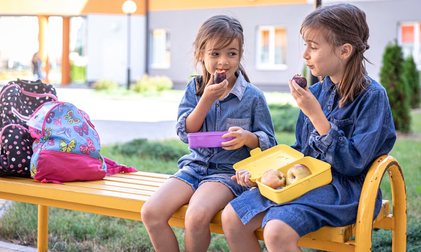 little school girls sitting on bench in school yard and eating from lunch boxes