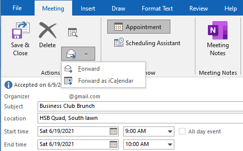 Screenshot showing options to forward a meeting invitation in Outlook