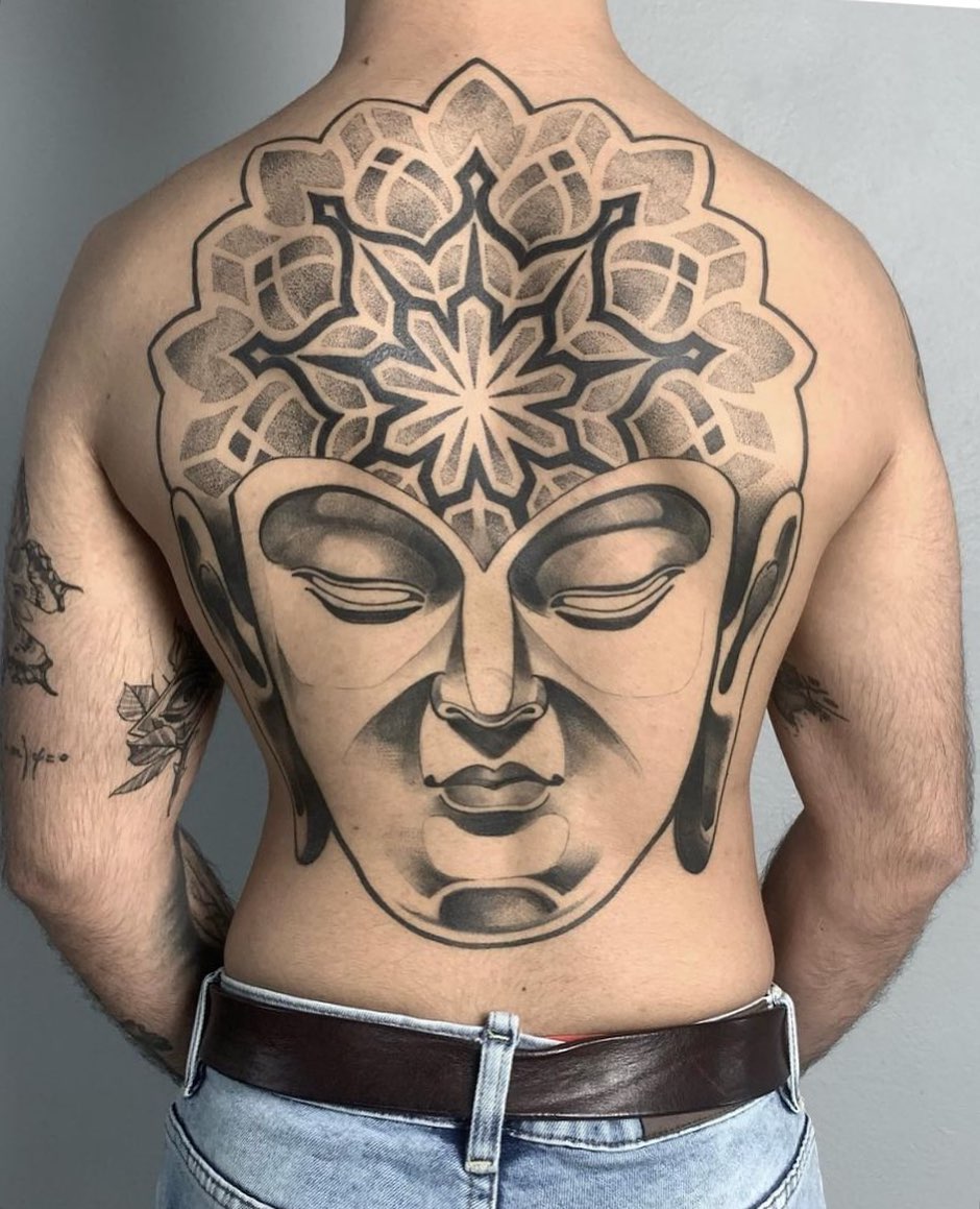 Dotted Buddhist Back Tattoo 