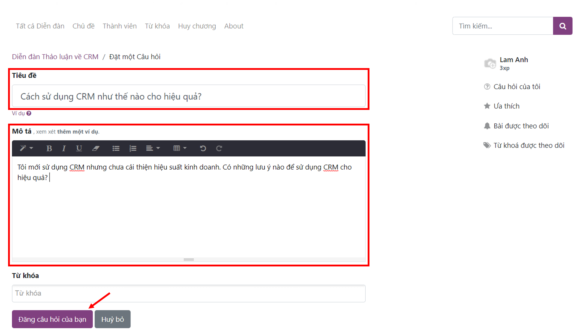 (Hình 2.2) Cách đăng câu hỏi lên Diễn đàn trong Odoo/ ERPOnline
