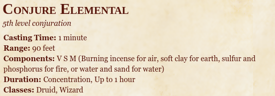 Conjure Elemental essential information. 