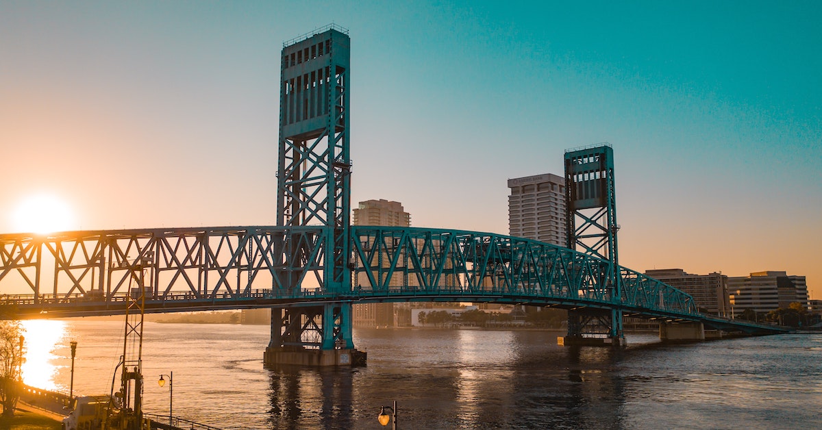 Main Street Bridge in Jacksonville, Florida with golden hour sunset