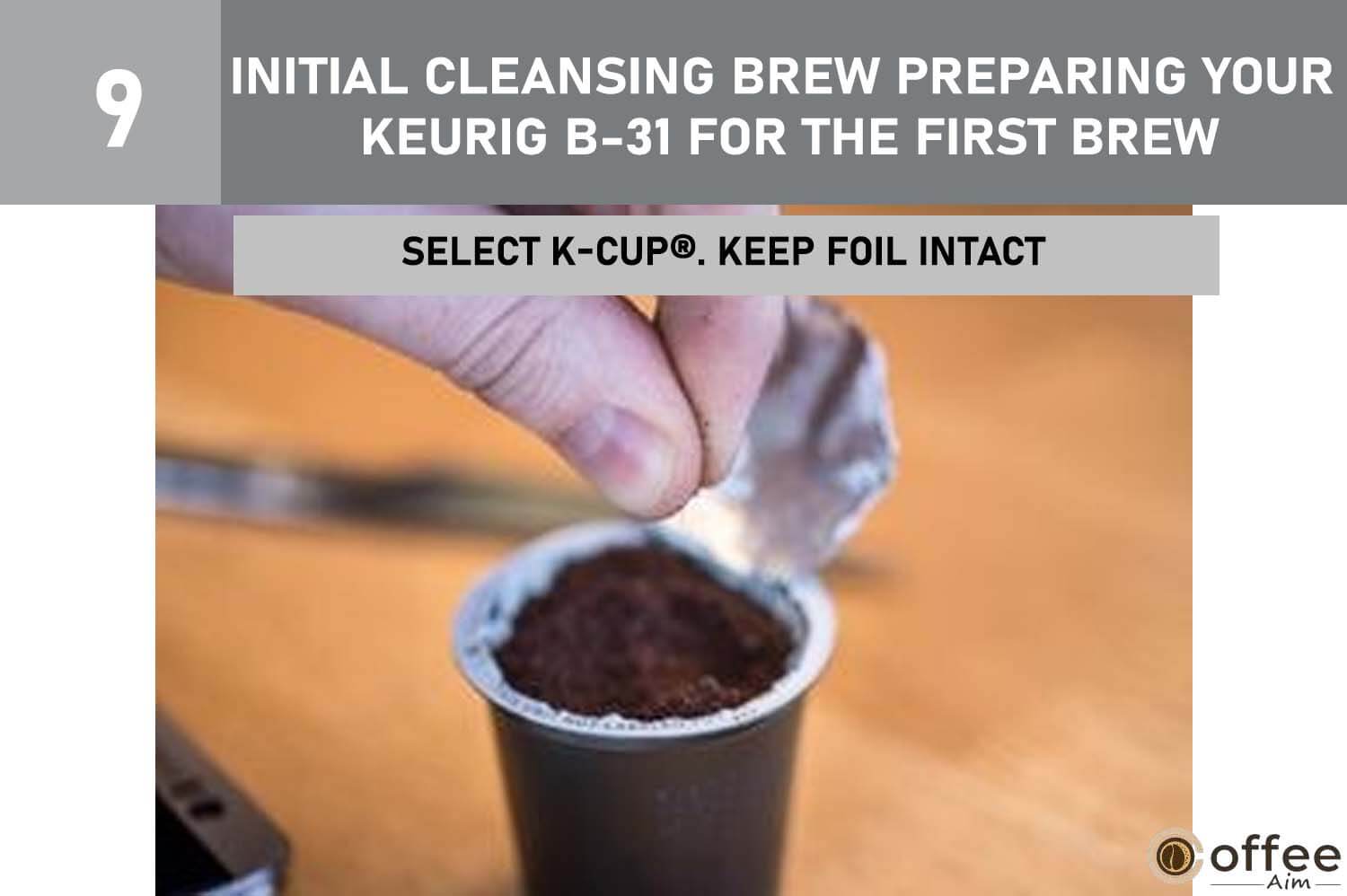 This illustration depicts the step 'Choose a K-Cup, keep foil intact' as part of the initial cleansing brew process, preparing your Keurig B-31 for its first brew.