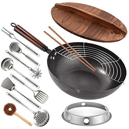 Carbon Steel Wok, 13 Pcs Wok Pan with Wooden Lid & Handle Stir-Fry Pans 13