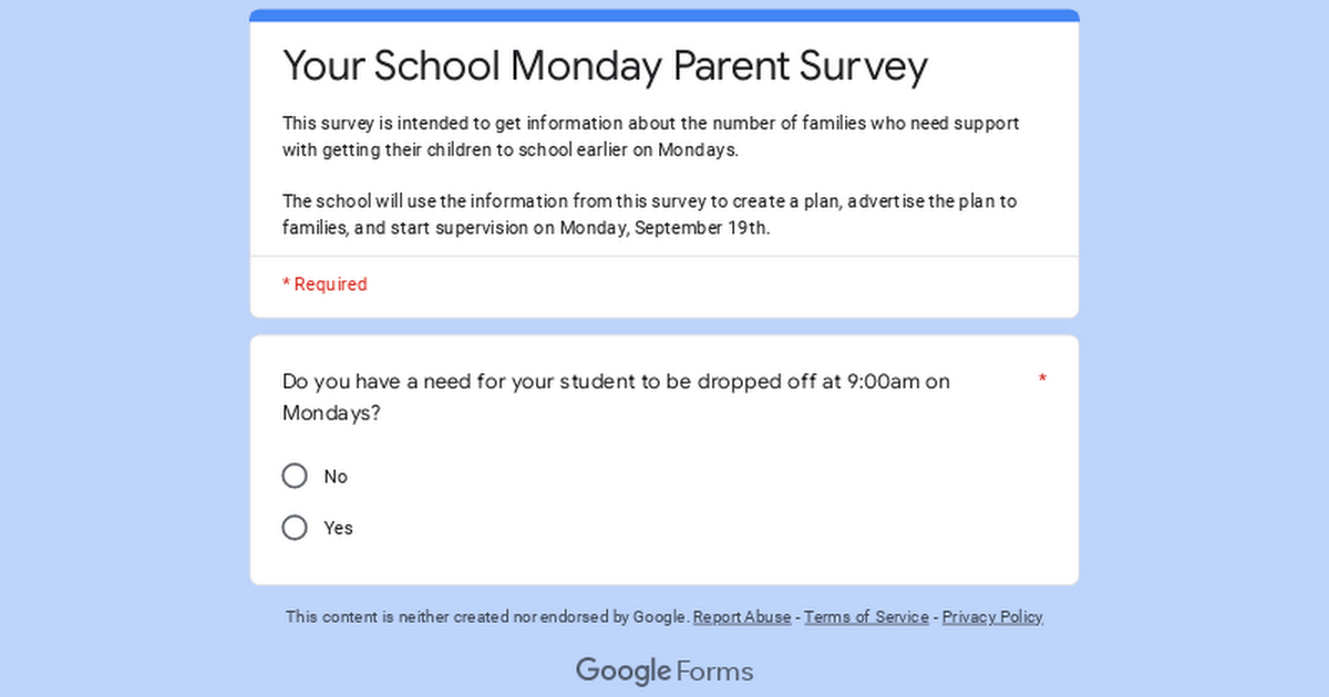 Your School Monday Parent Survey