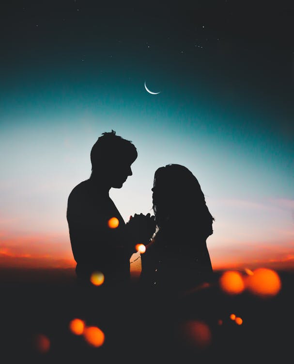 Silhouette of Couple Standing during Nighttime, romance
