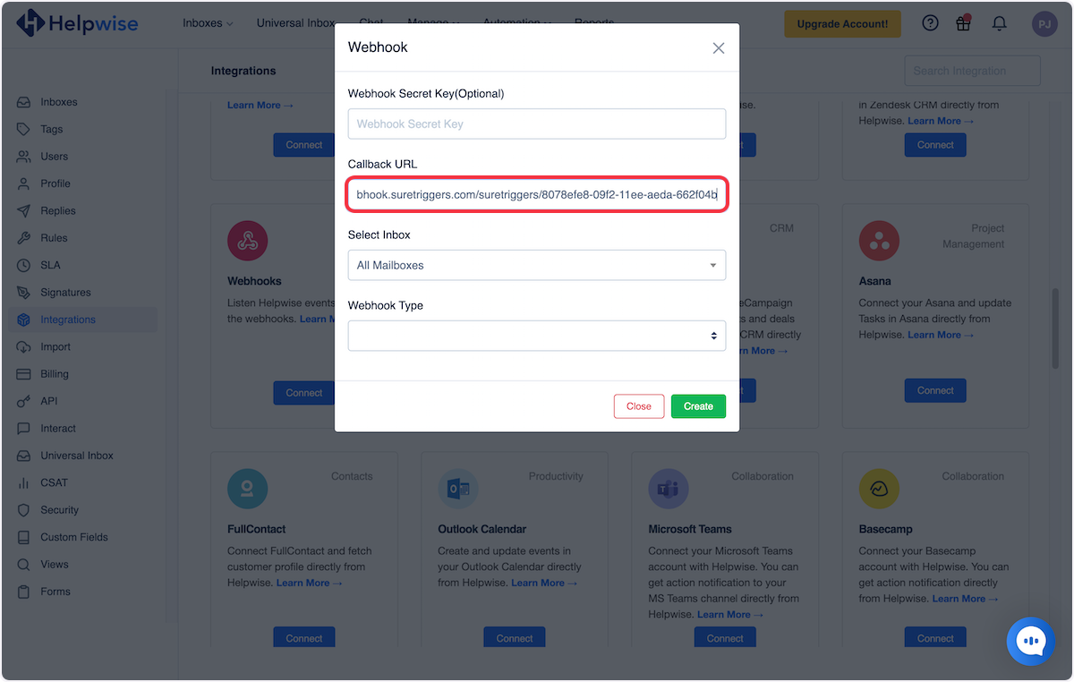 Copy the webhook URL & paste it under the Callback URL field.