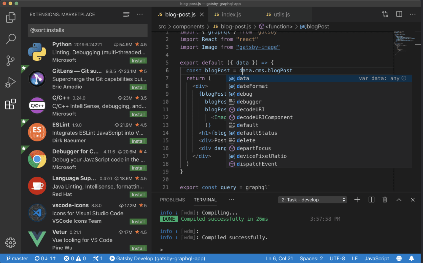 VS Code with the extension menu open