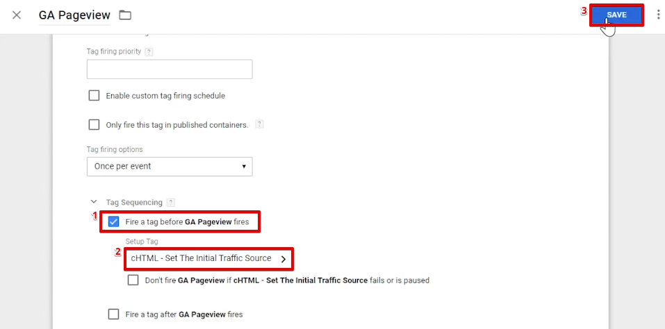 Configuring the custom HTML Tag to fire before the Google Analytics Tag