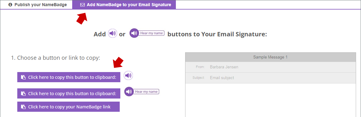 Screen with Tab - Add NameBadge to your Email SignatureThree different buttons selection for copy of the link for Email signature settings