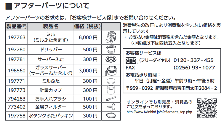 ツインバードアフターパーツの説明