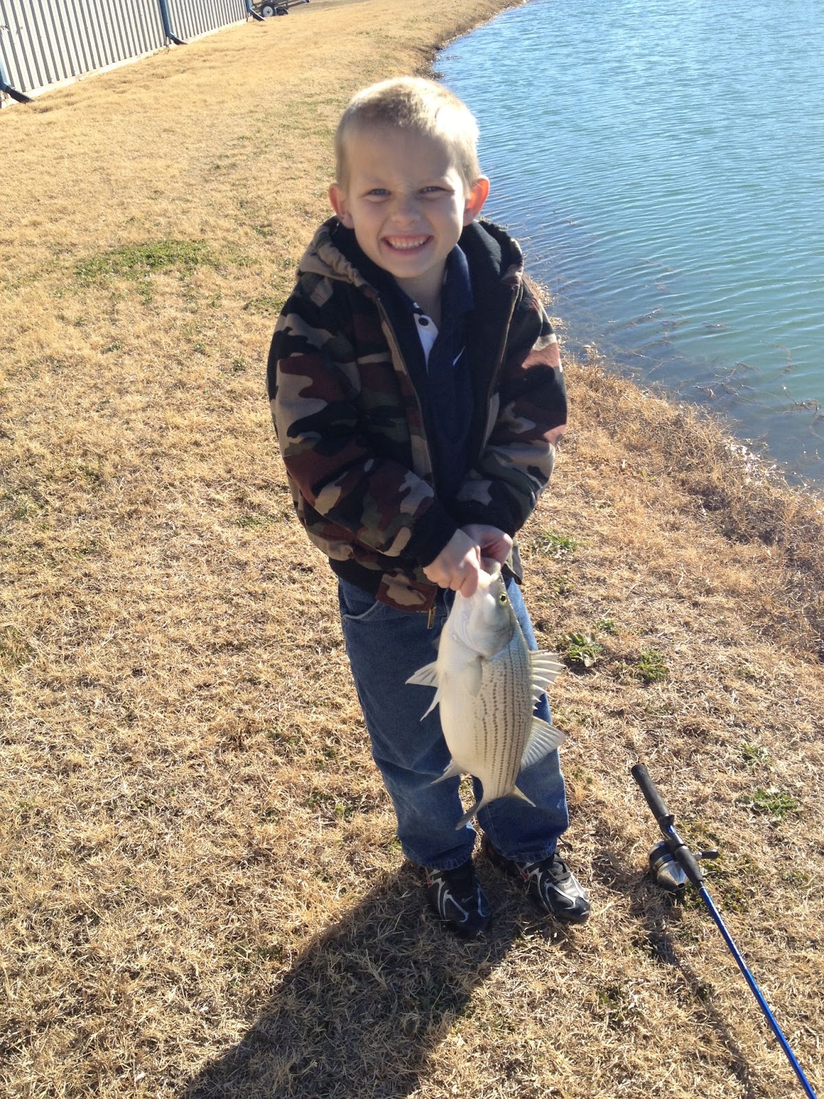 Boy holding hybrid striped bass