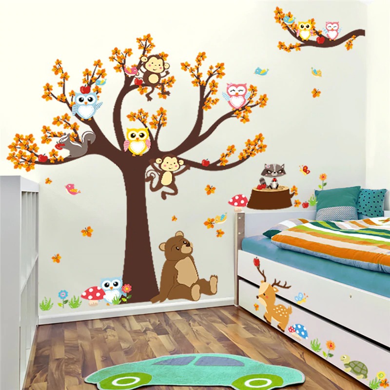 Jungle CuteTree Owl Wall Stickers Kids Bedroom Monkey Vinyl   Decals Kids Gifts