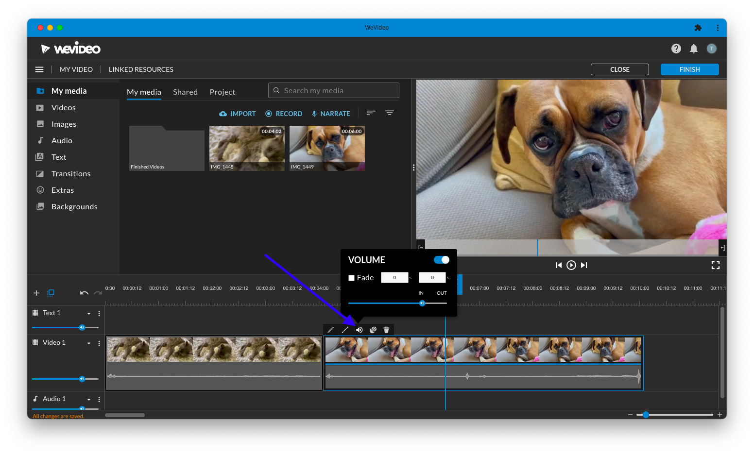 WeVideo online video editor with the Audio options pop-up window selected.