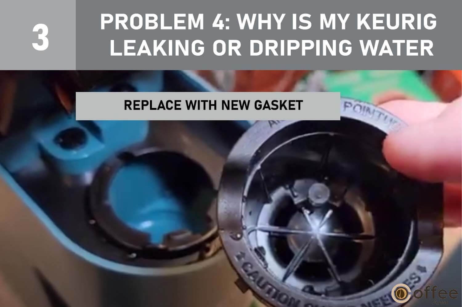 This image displays the "Replace with New Gasket" step for addressing Problem 3: "Why Is Keurig K-Mini Plus Not Brewing a Full Cup?" in our "Keurig K-Mini Plus Problems" article.