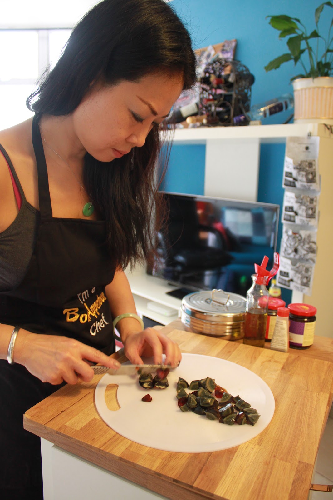 Edith chopping up some century egg goodness