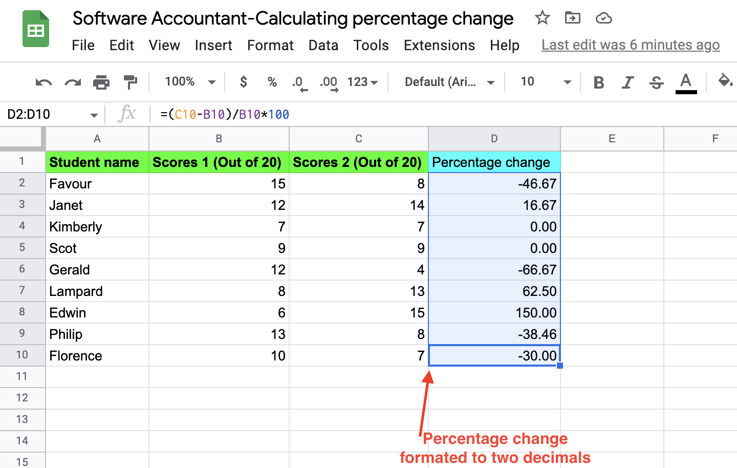 Calculating Percentage Change in Google Sheets