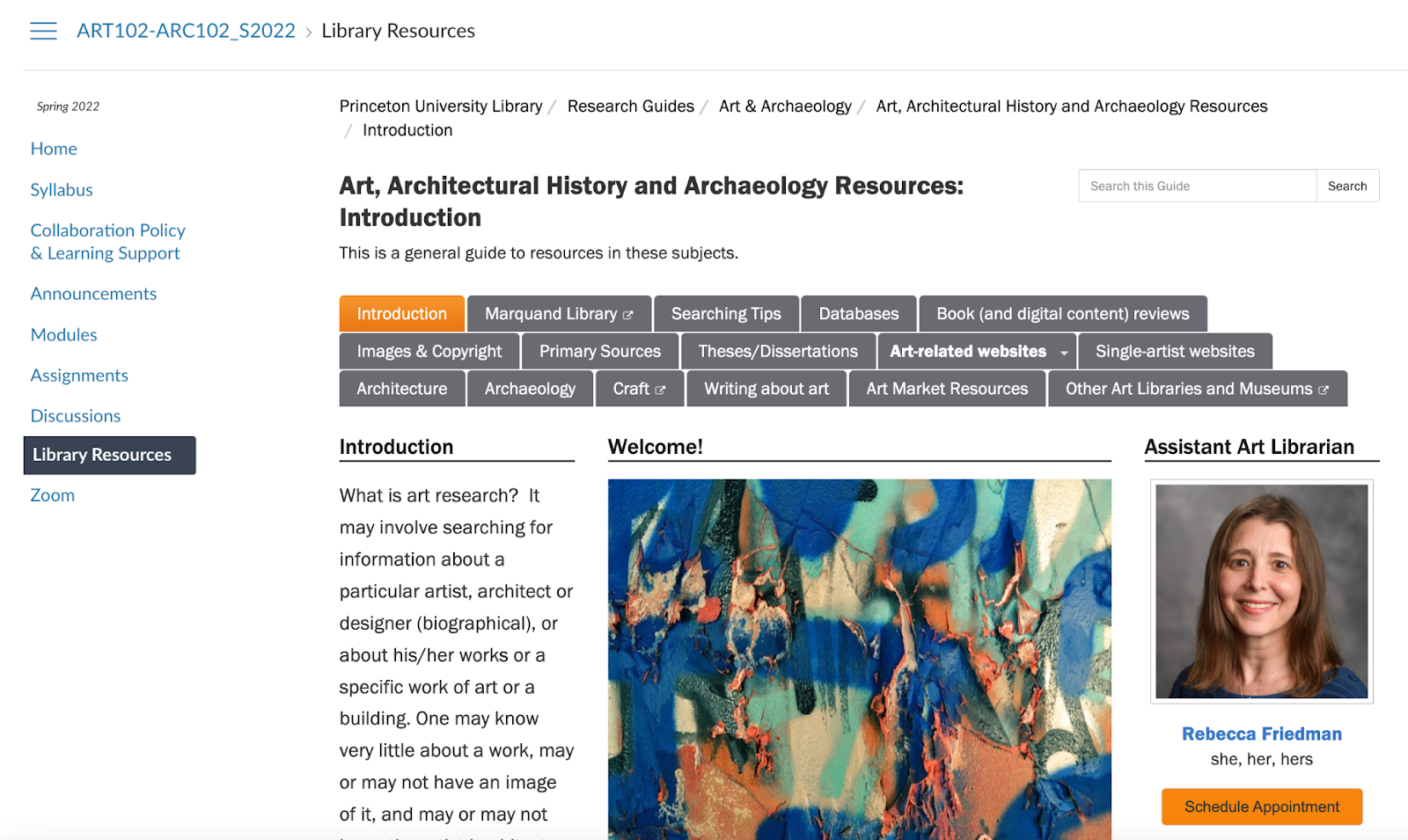 Image of the Library Resources page in Canvas