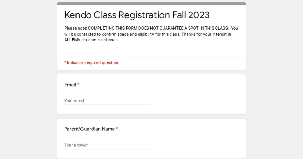 Kendo Class Registration Fall 2023