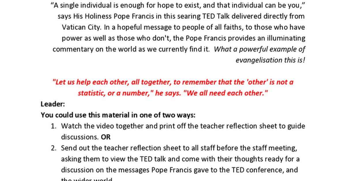 Pope Francis TED Talk the Future You