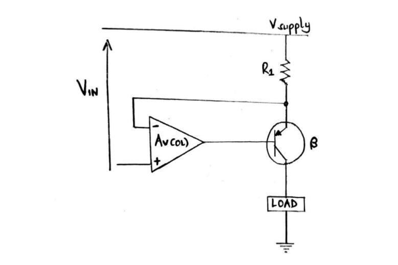 Grandinės schema su operatyviniu stiprintuvu ir PNP tranzistoriumi srovės sekikliui