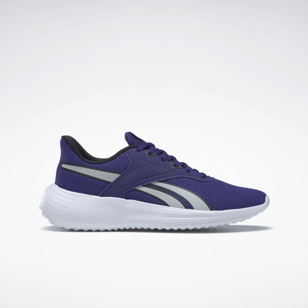 blue athletic shoe with thick sole