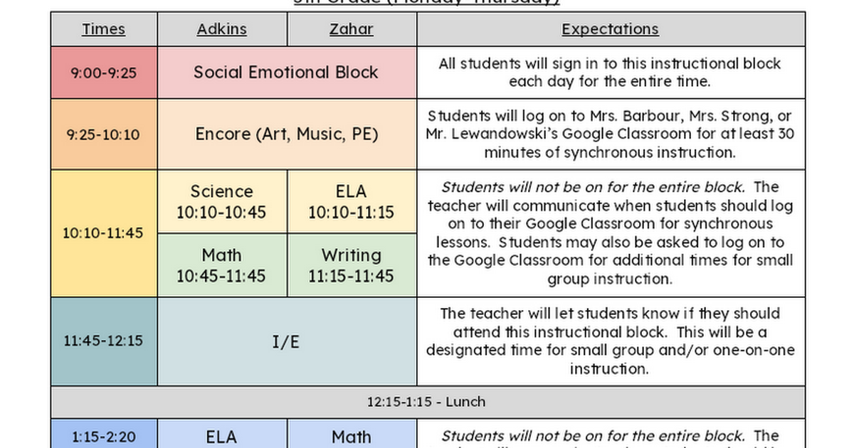 5th Grade Parent December Remote Learning Schedule 2020-21
