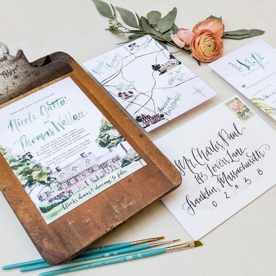 Custom Wedding venue watercolor painting, green and blush wedding invitation suite, custom watercolor wedding map, pennsylvania wedding, Wouldn't it be Lovely: