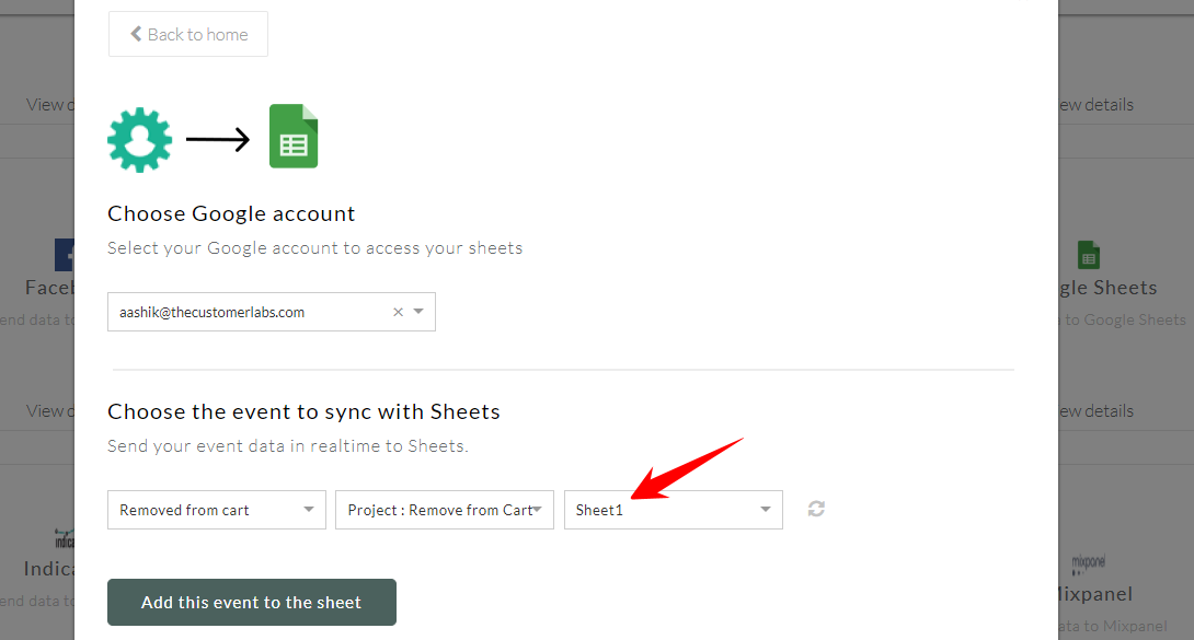 Event sync options showing the events shared to Google Sheets from CustomerLabs CDP