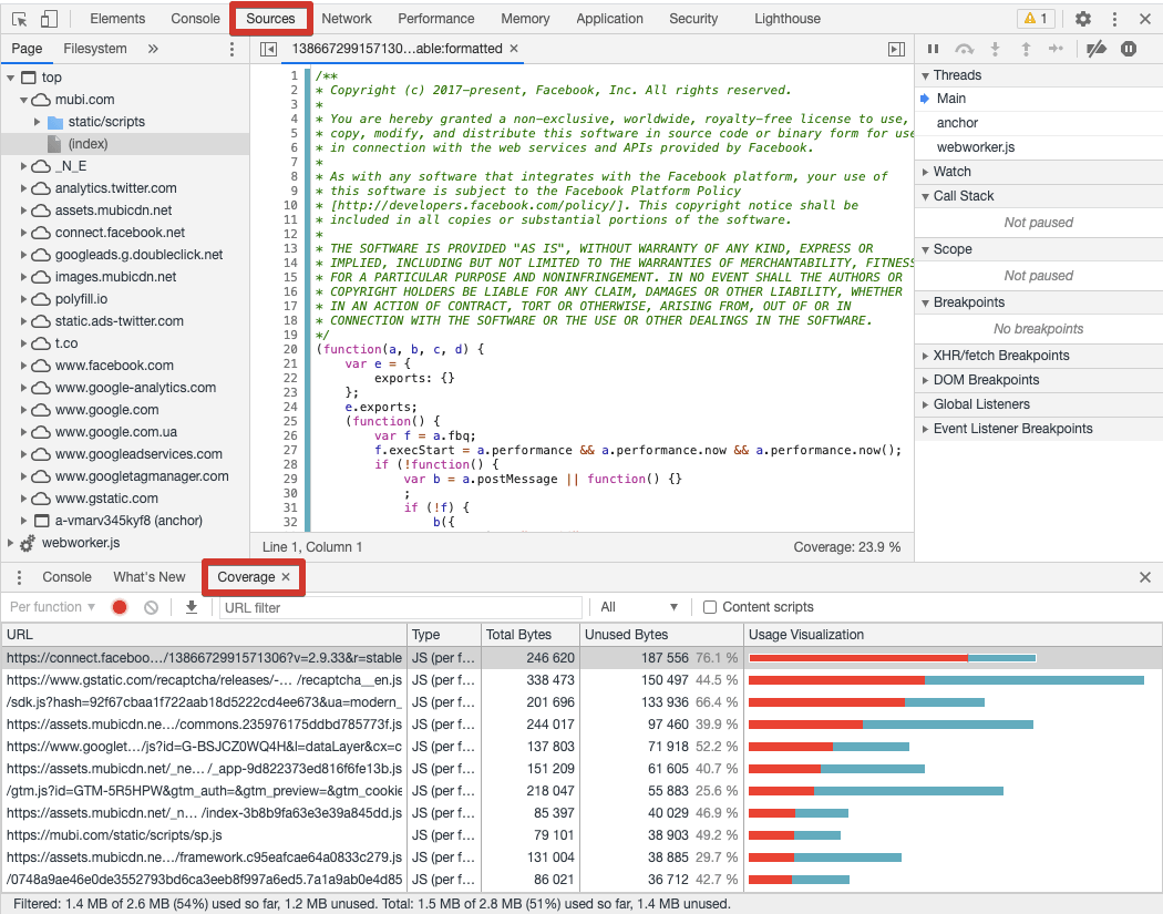 Stats on JS and CSS files in Developer Tools in Chrome