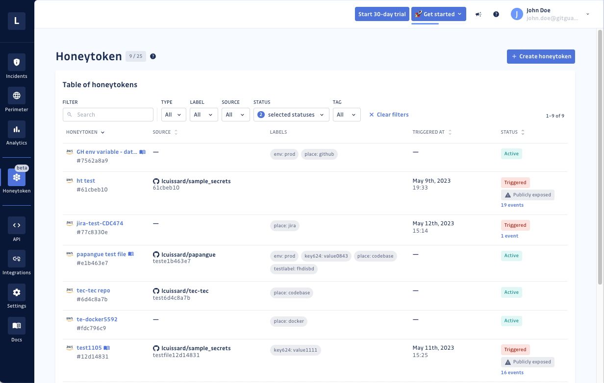 GitGuardian Honeytoken list view