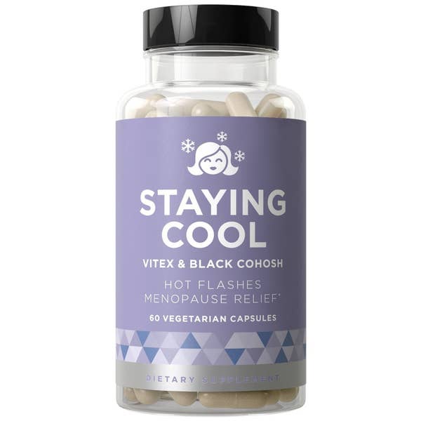 A bottle of Staying Cool Hot Flashes &amp; Menopause Natural Relief supplements.