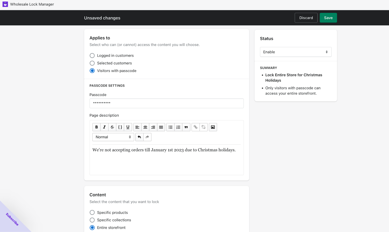 Wholesale Lock Manager dashboard - Create lock configuration