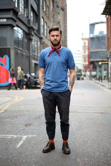 Blue crew neck t-shirt with red neck bandana