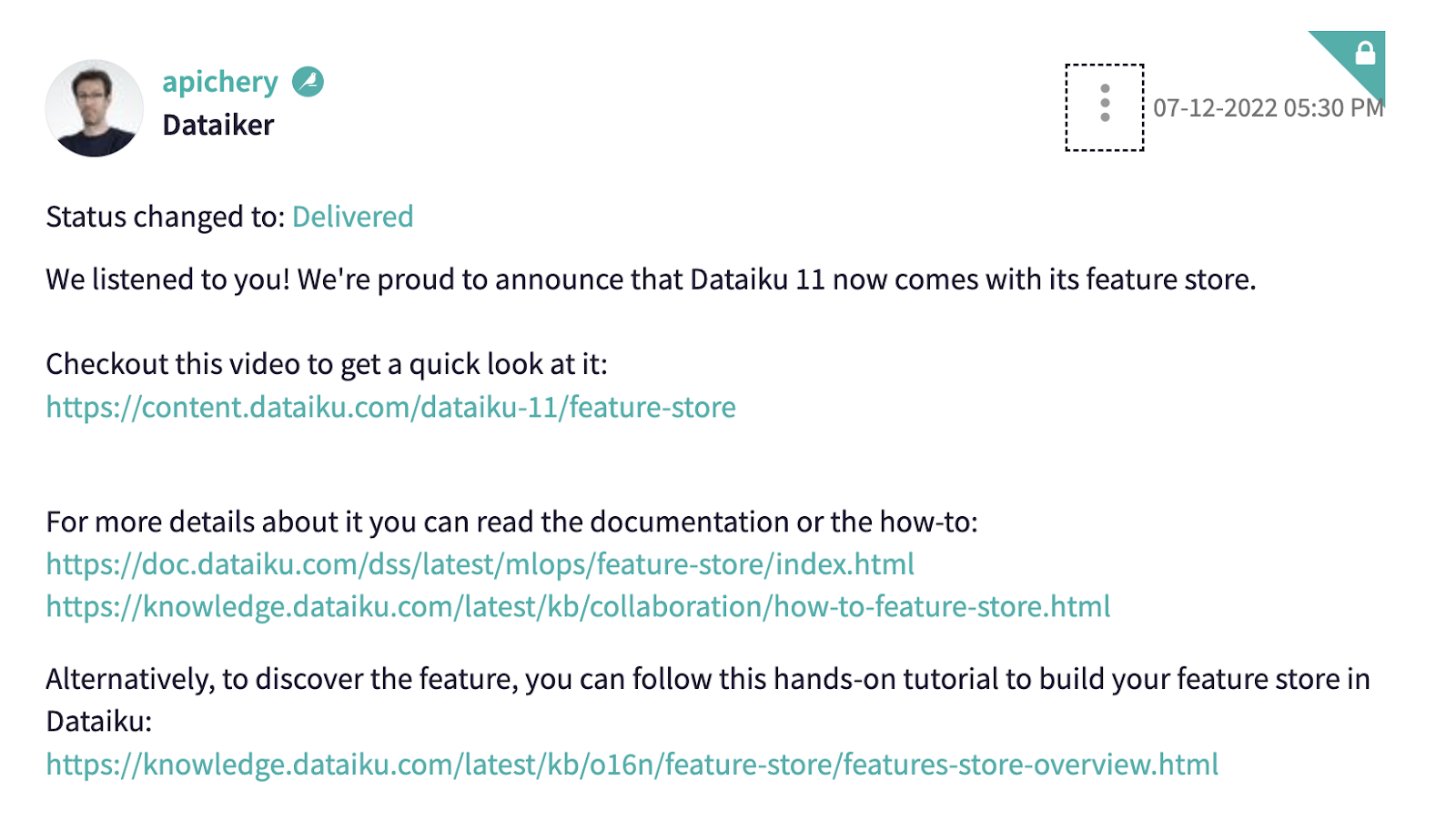 Status update on this Product Idea from Dataiku's VP of Engineering