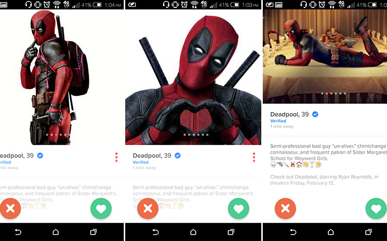 Three Tinder screens showing Deadpool in three suggestive poses.