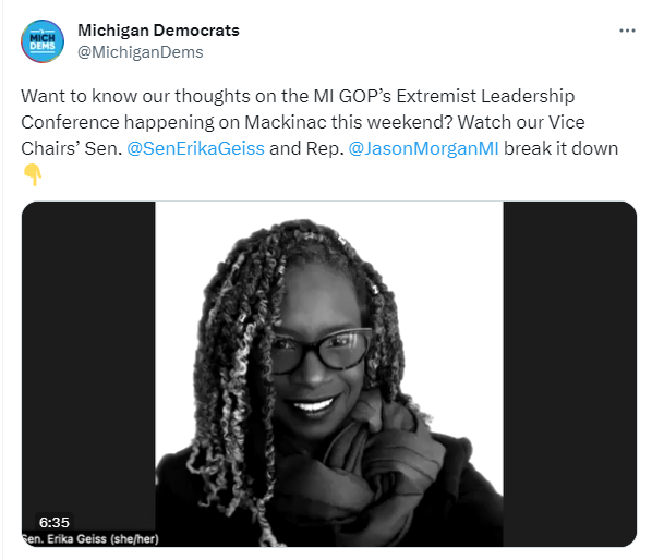 Michigan Dems tweet linking to recording of Senator Erika Geiss and Representative Jason Morgan discussing the extremist MIGOP Mackinac Leadership Conference