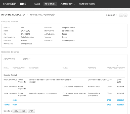 Screenshot del informe completo del tiempo registrado.