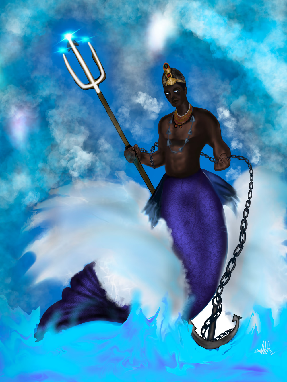 Olokun as a merman chained to the bottom of the ocean