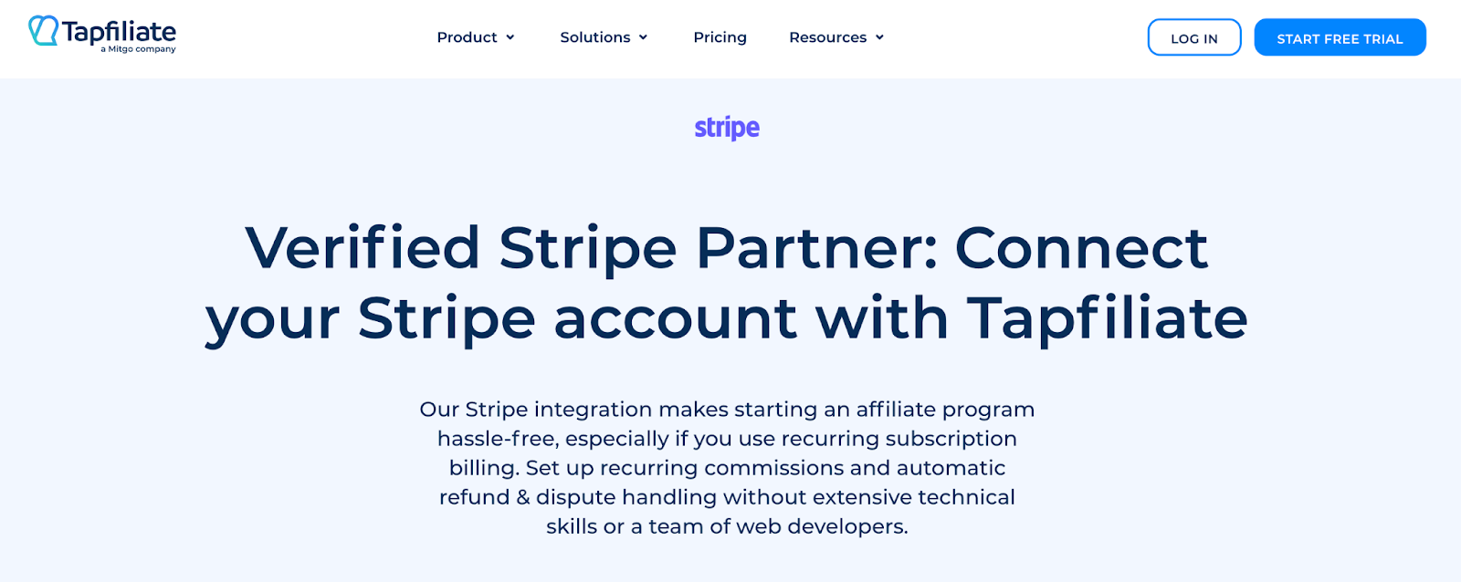 Tapfiliate affiliate tracking platform Stripe landing pagr