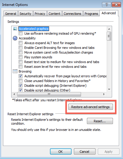 Advanced Settings in Internet Explorer