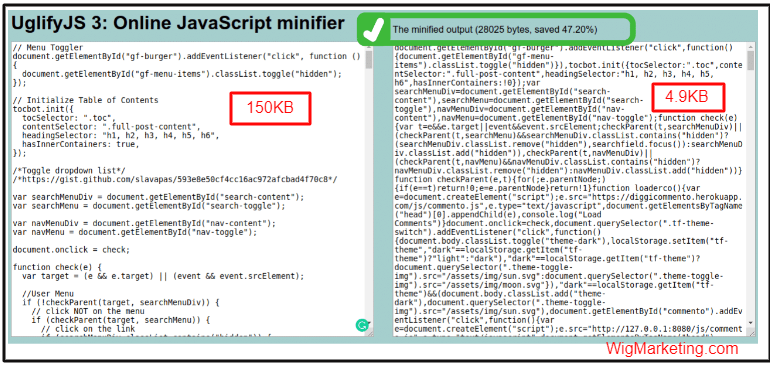 এখানে website speed optimise  techniques এবং JvaScript ফাইল গুলোকে ৫০ শতাংশ পর্যন্ত কমিয়ে আনার একটি পার্থক্য দেখানো হয়েছে 