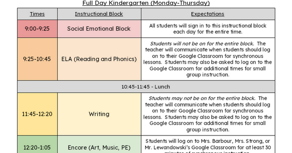 FDK Parent December Remote Learning Schedule 2020-21
